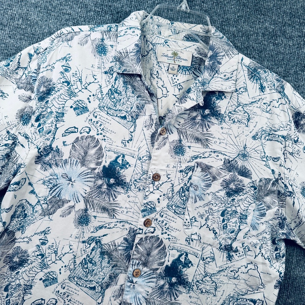 Island Shores Mens Blue White Silk Nautical Map Palm Leaf Hawaiian Shirt Size M